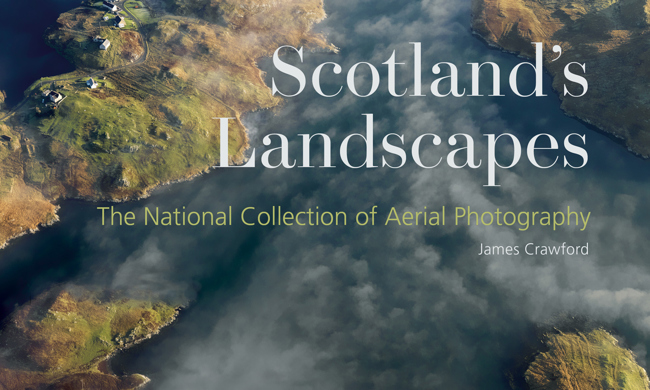 A cover of a book reading "Scotland's Landscapes" showing islands from above.