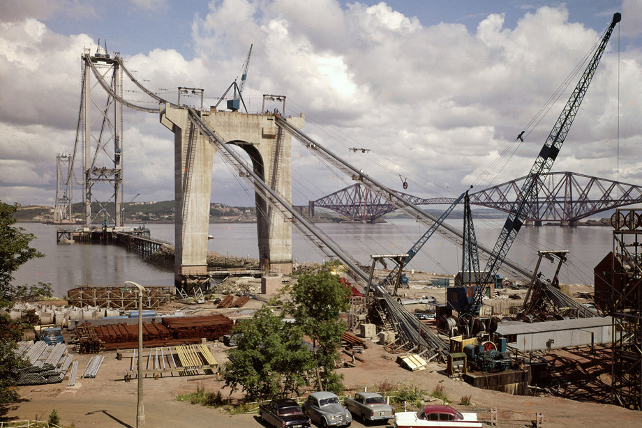 View of cables being spun during the construction of the Forth Road Bridge in 1962