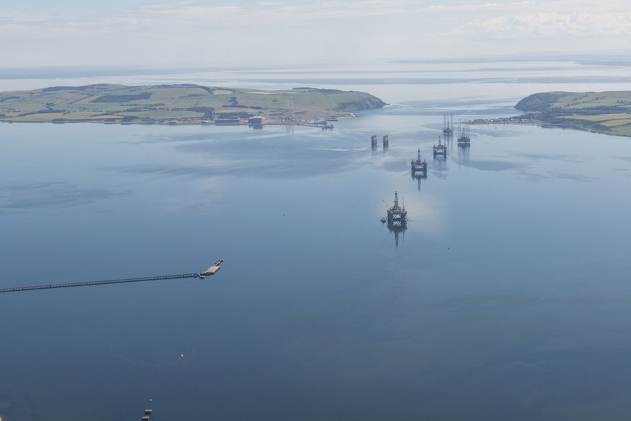 Oblique aerial view of oil platforms
