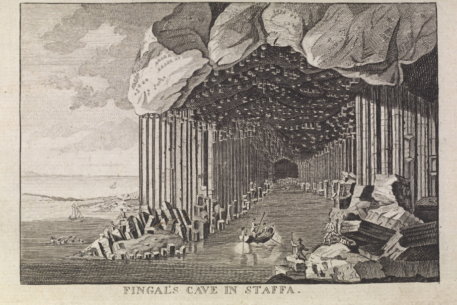 Engraving of Fingal's Cave showing entrance & interior. Titled: 'Fingal's Cave in Staffa.'