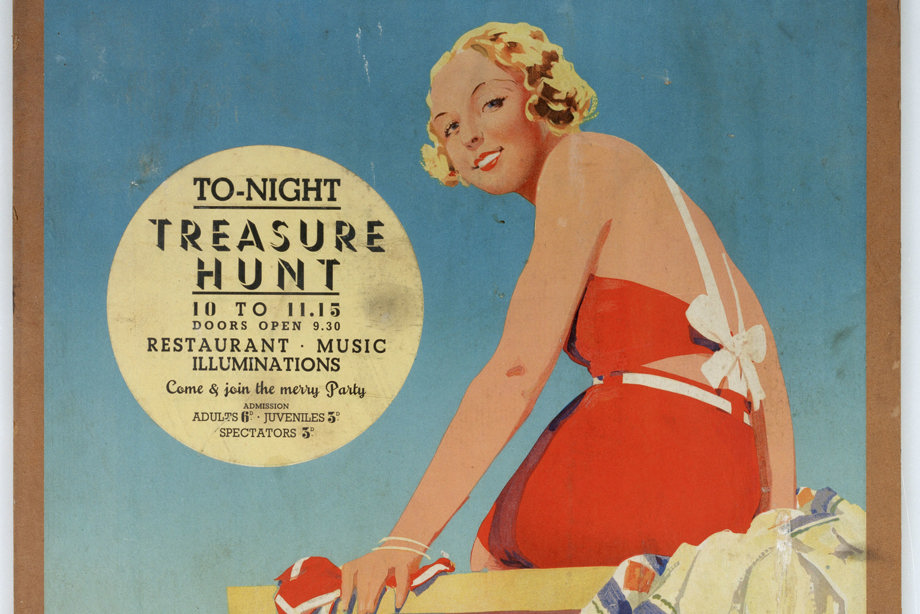 Poster titled: 'Portobello Bathing Pool, Edinburgh. Enjoy the artificial waves' for the open air swimming pool, Rosebank Lane, Portobello, Edinburgh