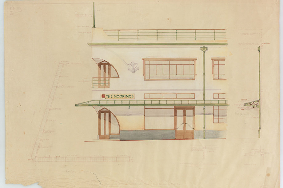 Premises for L Castelvecchi. Part plan, elevation, and details of canopy, The Moorings, Largs