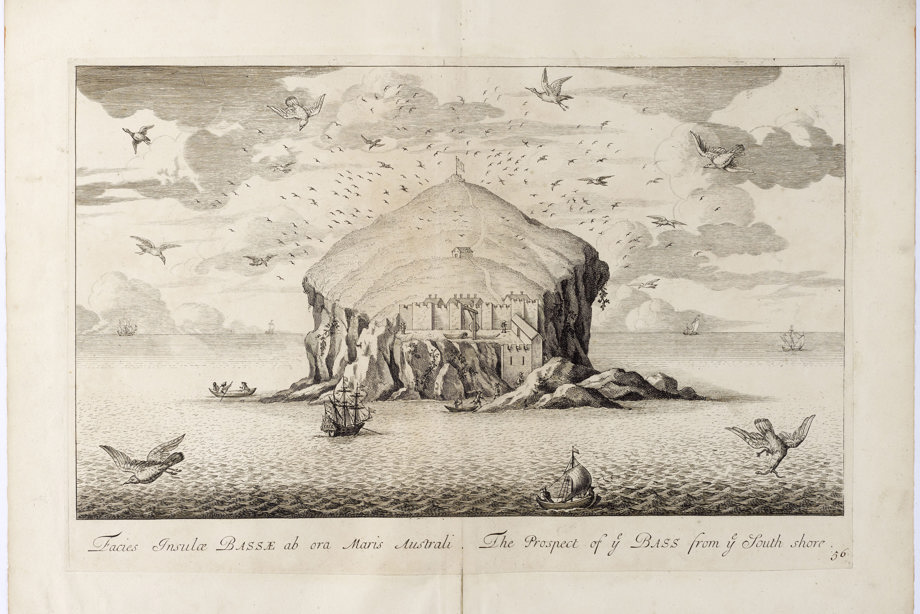Pl. 56 Bass Rock. Copy of copper plate engraving titled 'Facies Insulae Bassae ab ora Maris Australi. The prospect of ye Bass from ye south shore.'