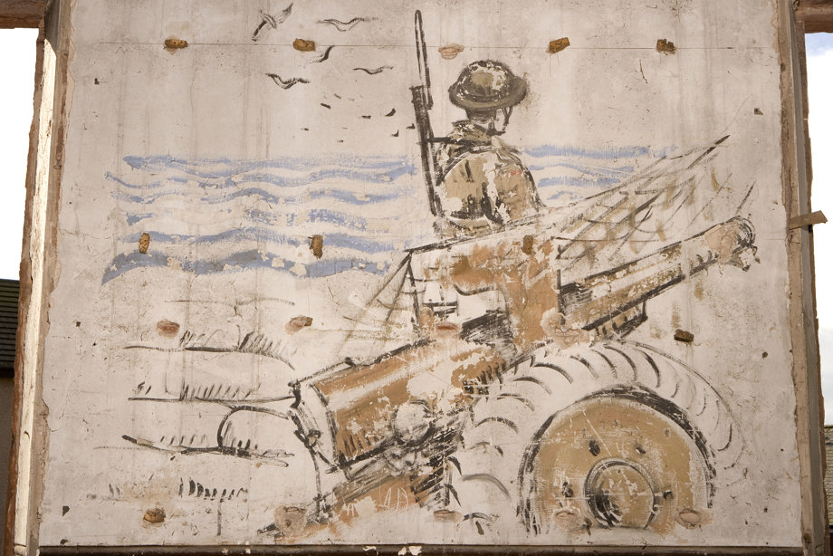 Interior. Detail of section of 1st floor painted scene on wall undertaken by Polish Soldiers in World War II