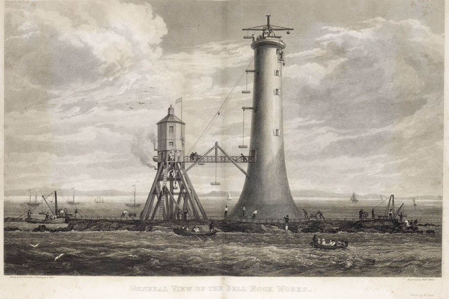 Engraving showing the construction of Bell Rock Lighthouse. Titled: ''General view of the Bell Rock Works''