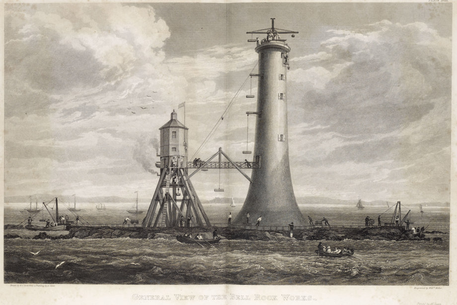 Engraving showing the construction of Bell Rock Lighthouse. Titled: ''General view of the Bell Rock Works''