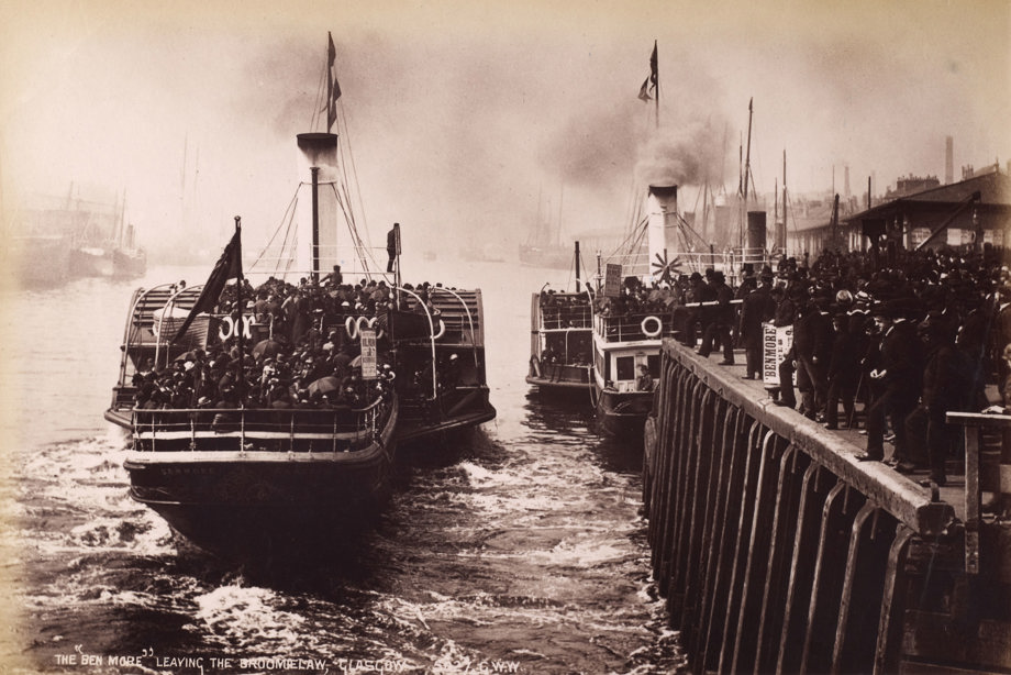 View of paddlesteamers at pier Titled: 'Leaving the Broomielaw, Glasgow. 5027. G.W.W'. PHOTOGRAPH ALBUM NO 195: PHOTOGRAPHS BY G W WILSON & CO