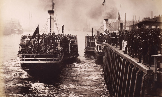 View of paddlesteamers at pier Titled: 'Leaving the Broomielaw, Glasgow. 5027. G.W.W'. PHOTOGRAPH ALBUM NO 195: PHOTOGRAPHS BY G W WILSON & CO