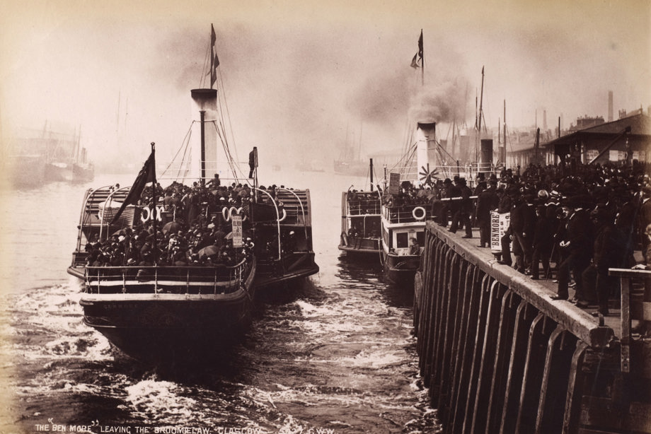 View of paddlesteamers at pier Titled: 'Leaving the Broomielaw, Glasgow. 5027. G.W.W'. PHOTOGRAPH ALBUM NO 195: PHOTOGRAPHS BY G W WILSON & CO
