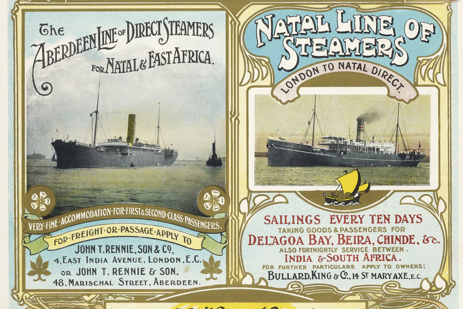 Advertisement for the Cunard Line, The Aberdeen Line of Direct Steamers for Natal and East Africa, the Natal Line of Steamers and Japan Mail Steamship Co Ltd