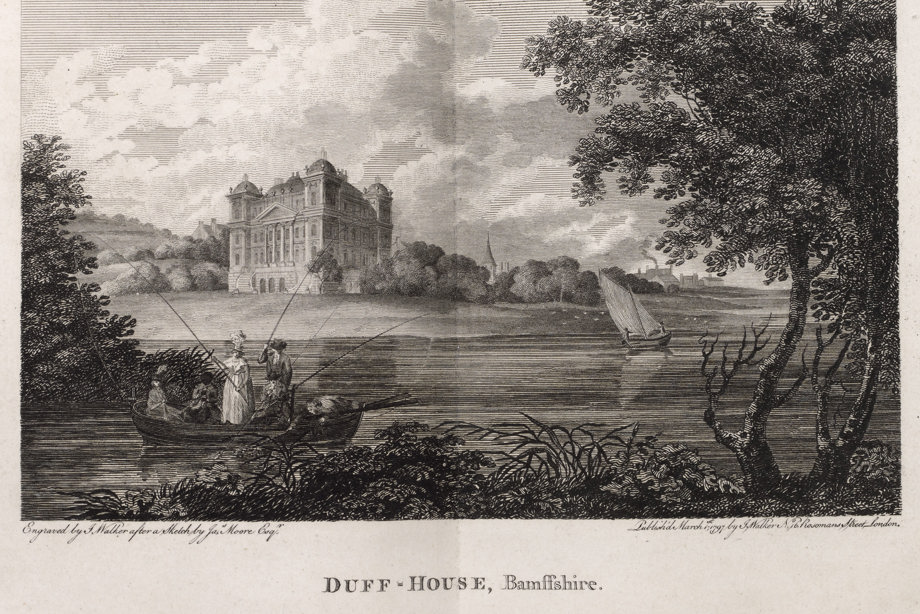 Engraving of Duff House on lawns above shoreline, with people fishing from a small boat, a church tower & buildings in distance. Titled 'Duff House, Bamnffshire. Engraved by J. Walker after a sketch by Jas. Moore Esq. Published March 1st 1797 by J. Walker, No.16 Rosoman's Street, London.'