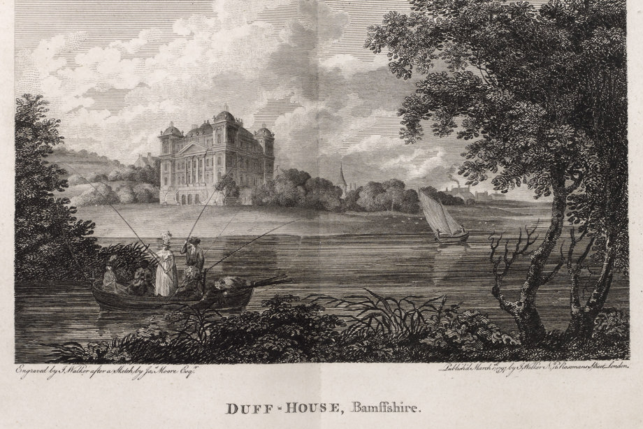 Engraving of Duff House on lawns above shoreline, with people fishing from a small boat, a church tower & buildings in distance. Titled 'Duff House, Bamnffshire. Engraved by J. Walker after a sketch by Jas. Moore Esq. Published March 1st 1797 by J. Walker, No.16 Rosoman's Street, London.'