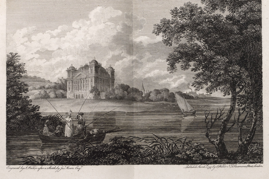 Engraving of Duff House on lawns above shoreline, with people fishing from a small boat, a church tower & buildings in distance. Titled 'Duff House, Bamnffshire. Engraved by J. Walker after a sketch by Jas. Moore Esq. Published March 1st 1797 by J. Walker, No.16 Rosoman's Street, London.'
