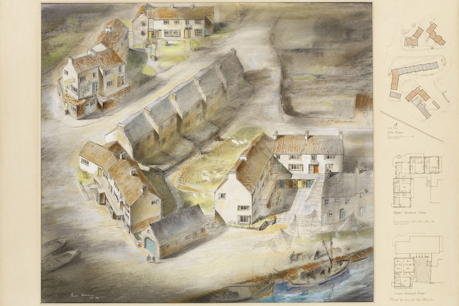 Aerial perspective of fishermen's housing in Dunbar, showing two phases of housing, the earliest dating from 1933