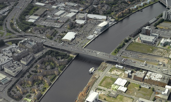 An aerial view of the Kingston Bridge crossing the River Clyde in Glasgow