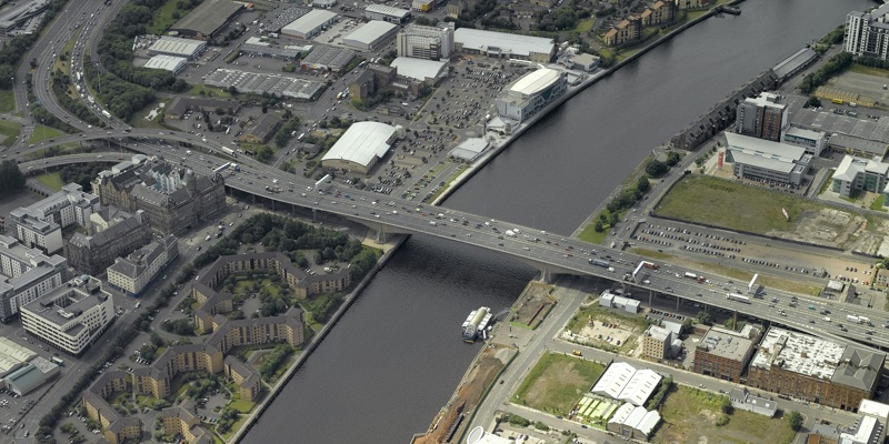 An aerial view of the Kingston Bridge crossing the River Clyde in Glasgow
