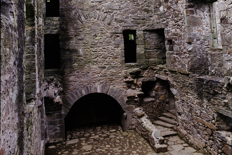 Inside the courtyard of a ruined castle