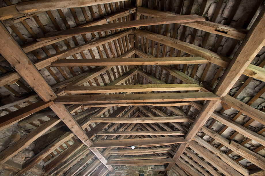 Close up of a timber framed ceiling