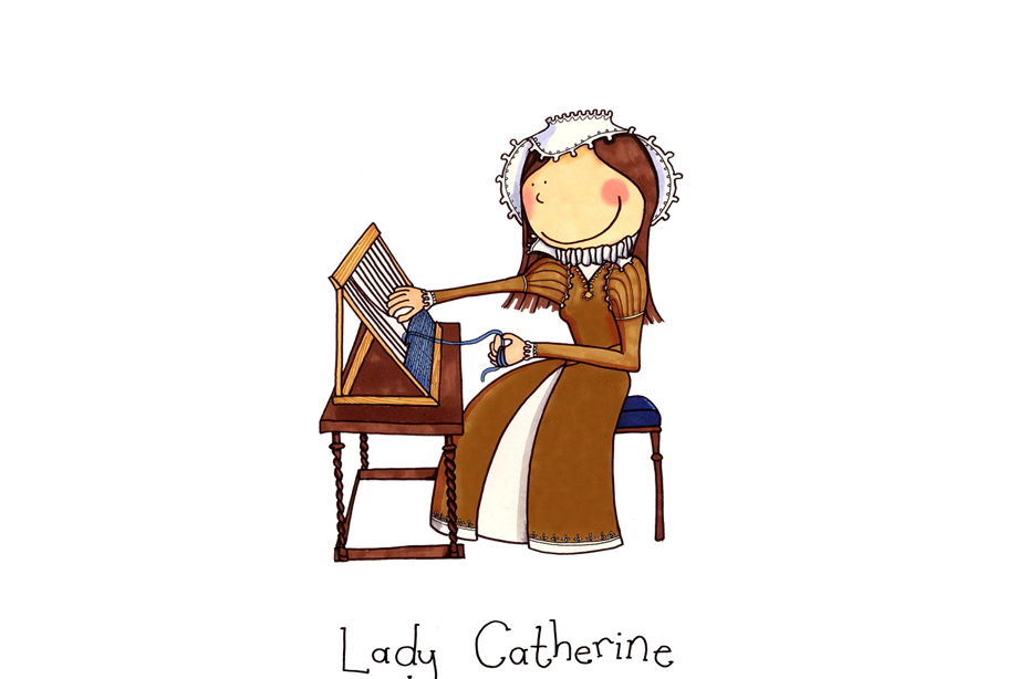An image of Lady Catherine weaving at a desk