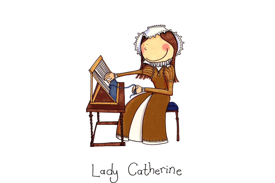 An image of Lady Catherine weaving at a desk