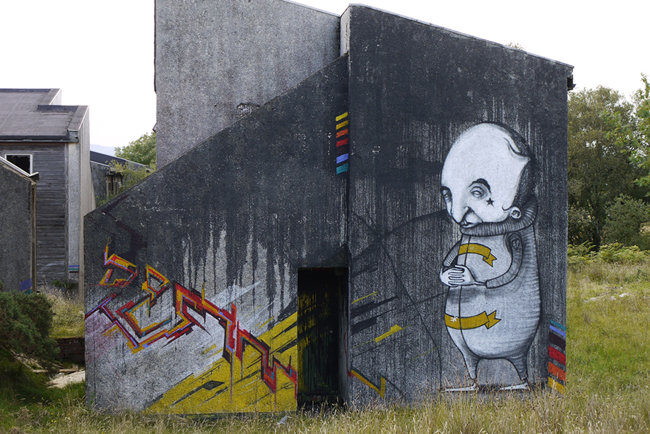 General view of the collaborative graffiti art at Pollphail village, taken from the east.
