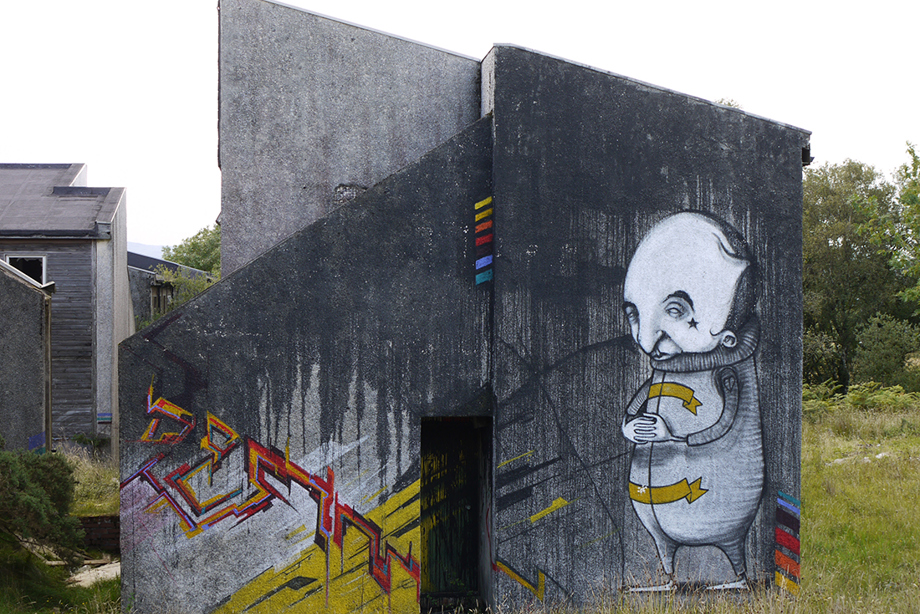 General view of the collaborative graffiti art at Pollphail village, taken from the east.