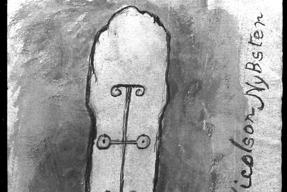Drawing of a carved stone annotated with measurements and signed 'John Nicolson Nybster'.
