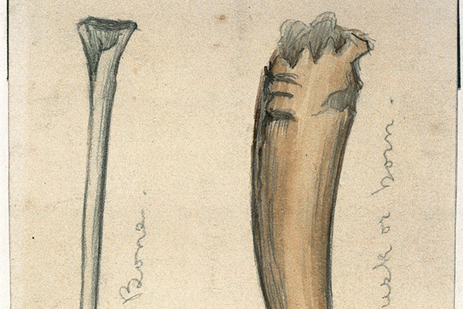 Watercolour drawing of three artefacts (a crucible, bone needle and tusk or horn). Annotated 'Bone', 'Tusk or horn' and 'Clay cup with remnants of burnt metal, like copper'.