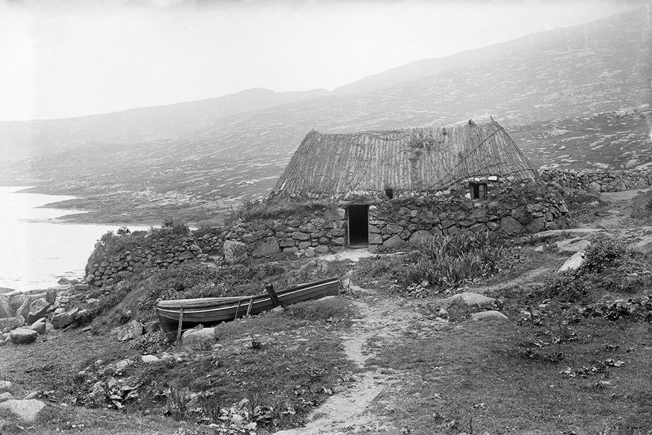 Black and white photography of low blackhouses