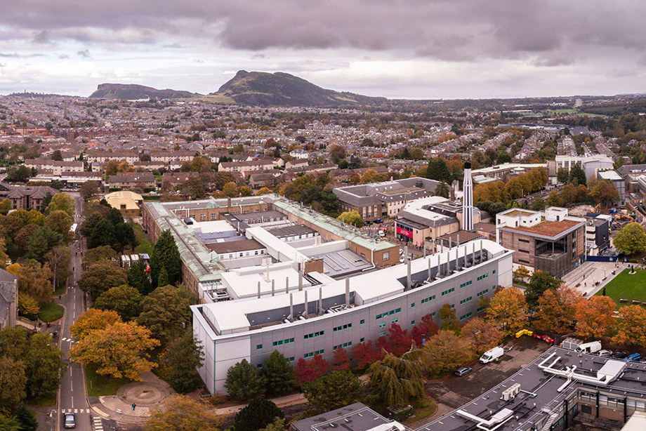 An aerial view of a university building in the autumn
