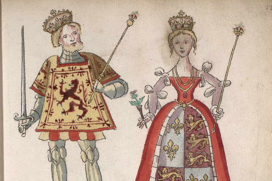 The King is shown in a tabard bearing the arms of Scotland, wielding a sword and sceptre. The queen is holding a thistle, and her arms displayed on her skirt.