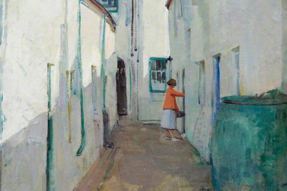 Painting of an alleyway with white buildings and a young woman wearing an orange cardigan and white dress.
