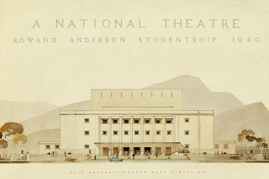 Watercolour design of a theatre building, entitled: "A National Theatre, Rowand Anderson Studentship 1940"