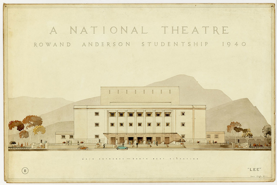 Watercolour design of a theatre building, entitled: "A National Theatre, Rowand Anderson Studentship 1940"