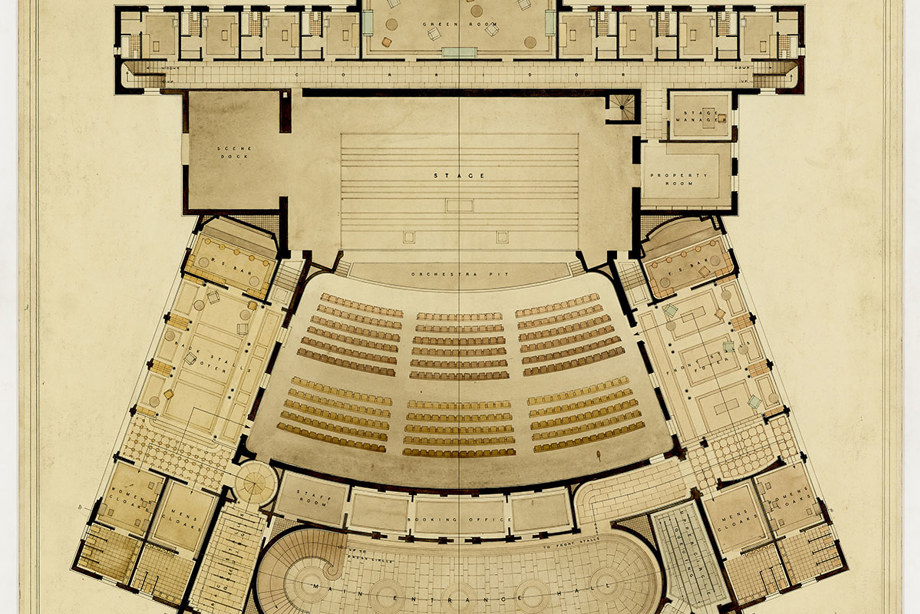 An illustrated floorplan of the inside of a theatre 