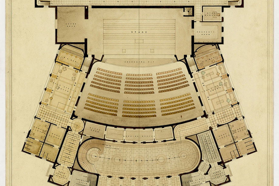An illustrated floorplan of the inside of a theatre 