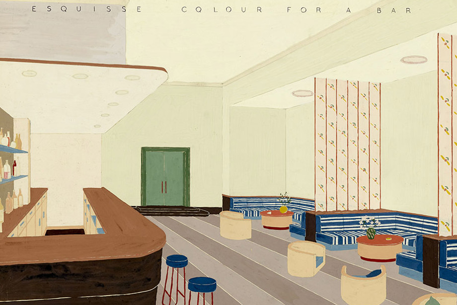 Painting of a bar with colourful booths, entitled "Esquisse Colour For A Bar"