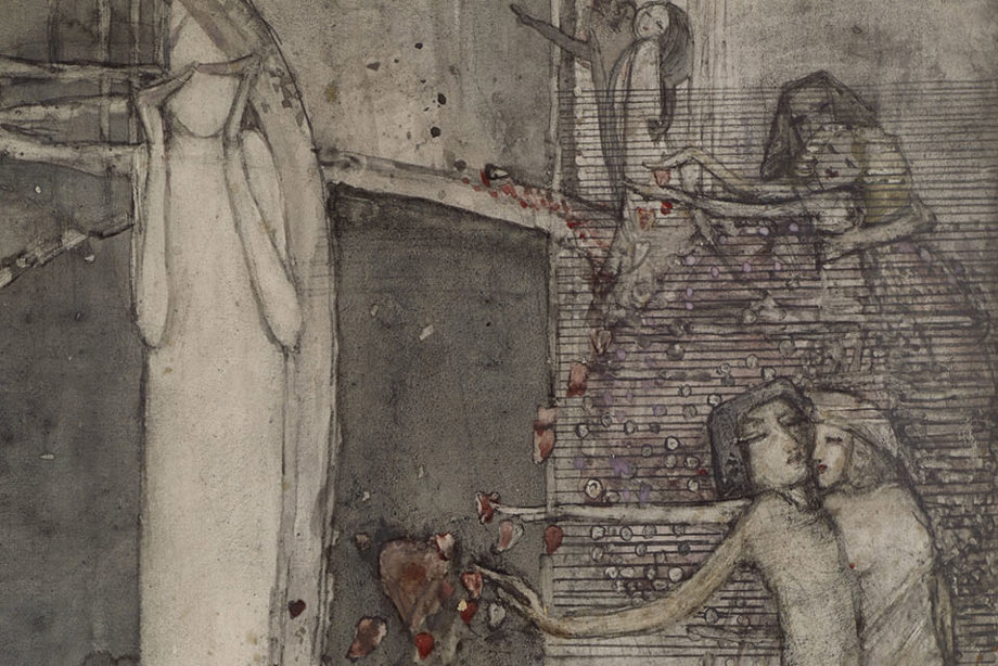 A haunting painting showing long, white figures reaching out.