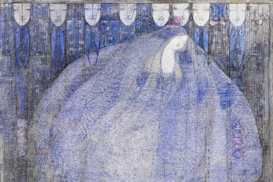A sleeping figure, observed by a row of eight heads or masks