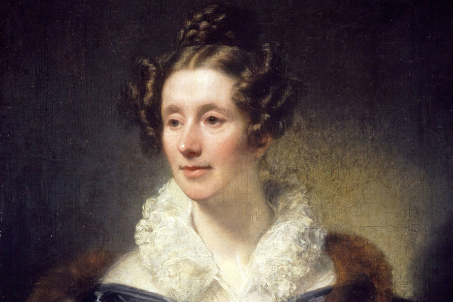 Painting of a woman wearing an elaborate hairstyle, fur and a dress with a high collar and broch 