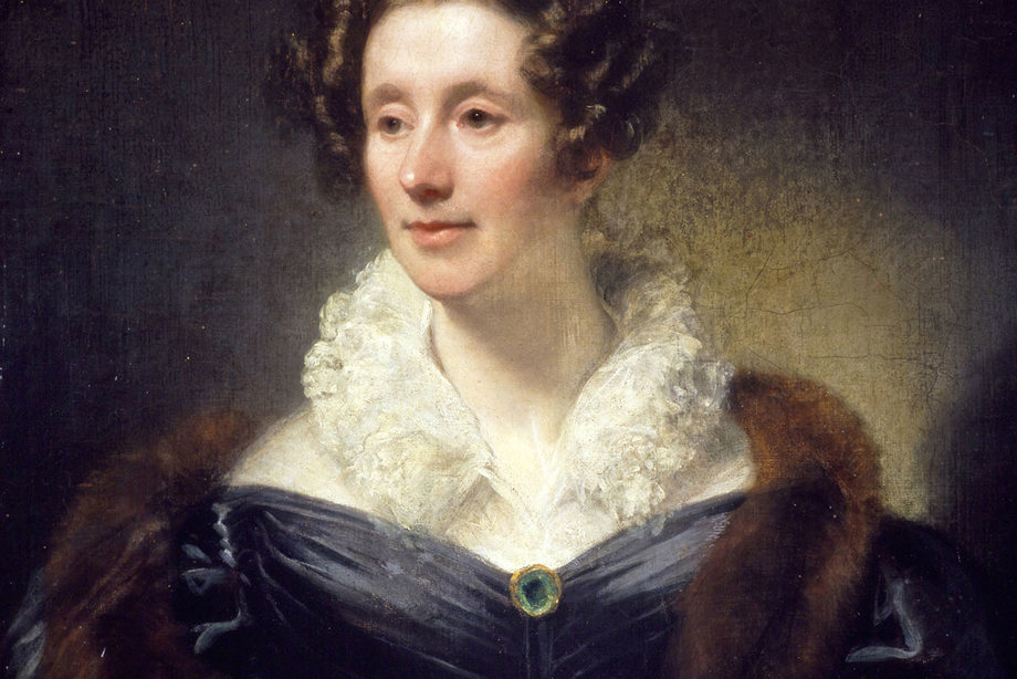 Painting of a woman wearing an elaborate hairstyle, fur and a dress with a high collar and broch 