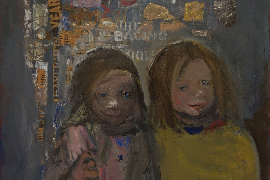 Artwork of two abstract children in front of a wall plastered with graffiti