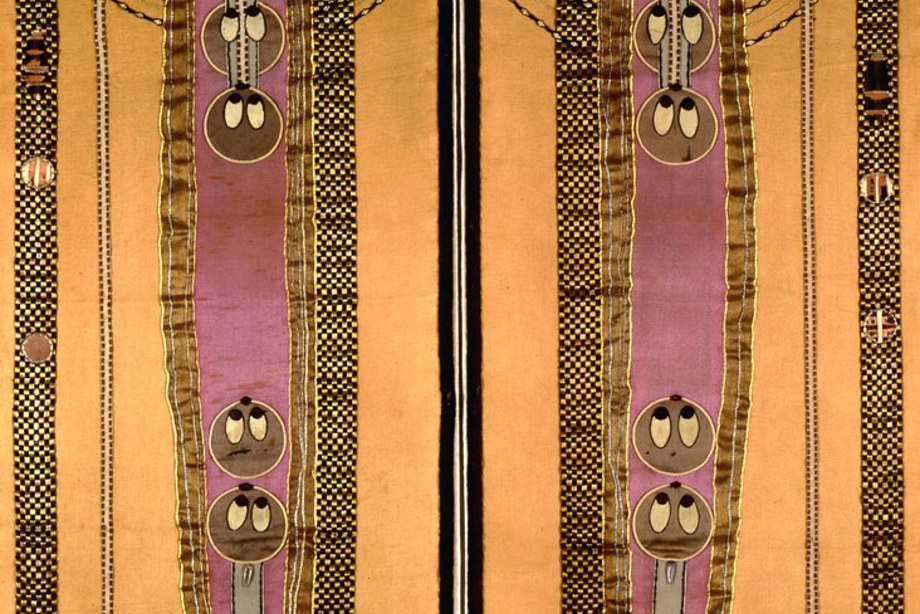 A colourful design of two elongated bodies made of silks and embroidery  