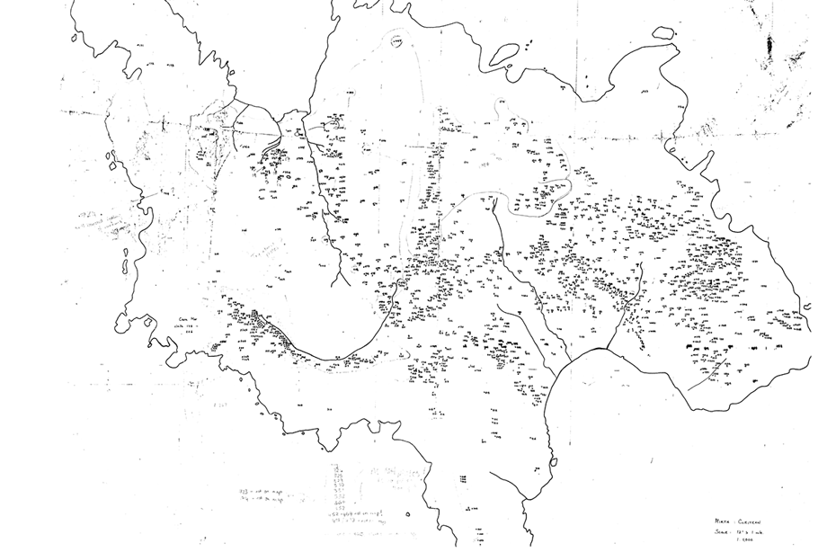 A map of an island with hundreds of marks