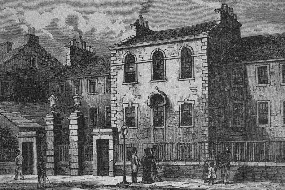 Etching of a wide building, set back behind railings on a busy street