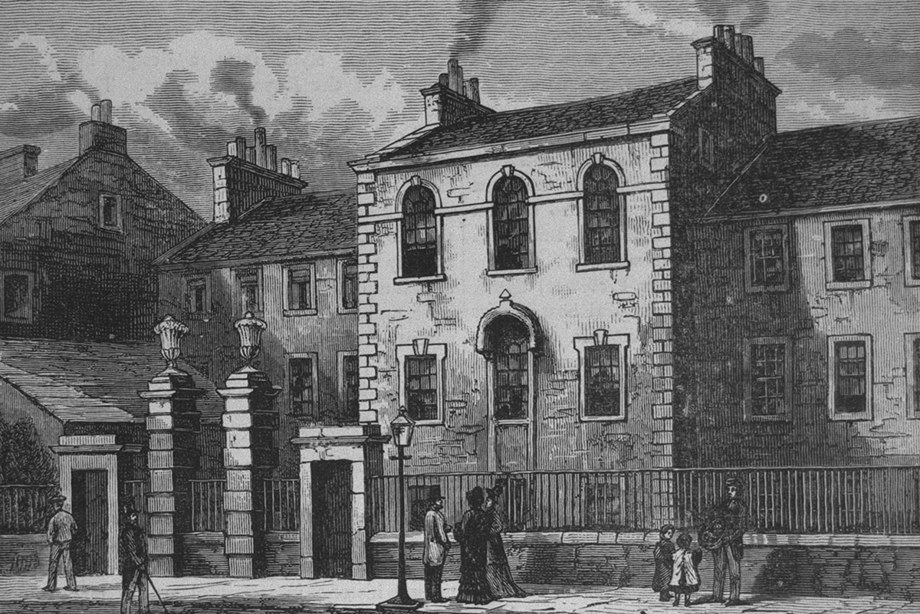 Etching of a wide building, set back behind railings on a busy street