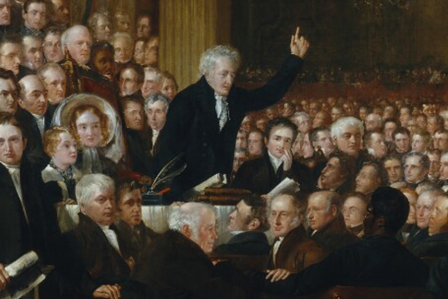 Painting of a large group of people in a grand room listening to a speaker. Only one woman is visible.