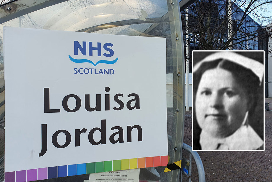 A sign reading: "NHS Louisa Jordan" stands outside a glass building, with an image of Louisa Jordan overlaid beside it