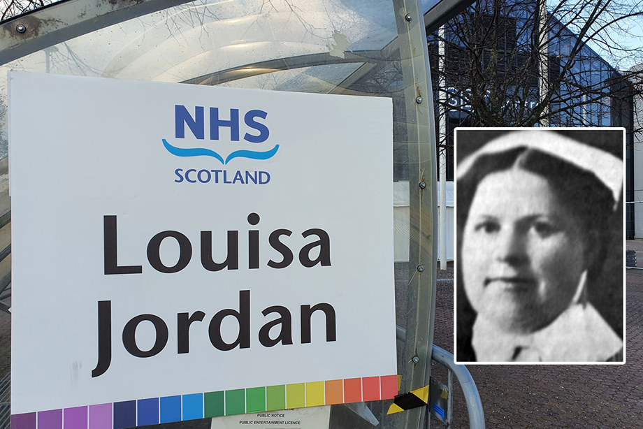 A sign reading: "NHS Louisa Jordan" stands outside a glass building, with an image of Louisa Jordan overlaid beside it