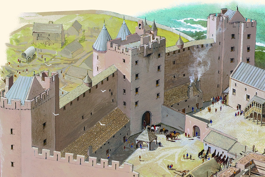 A castle courtyard beside the sea